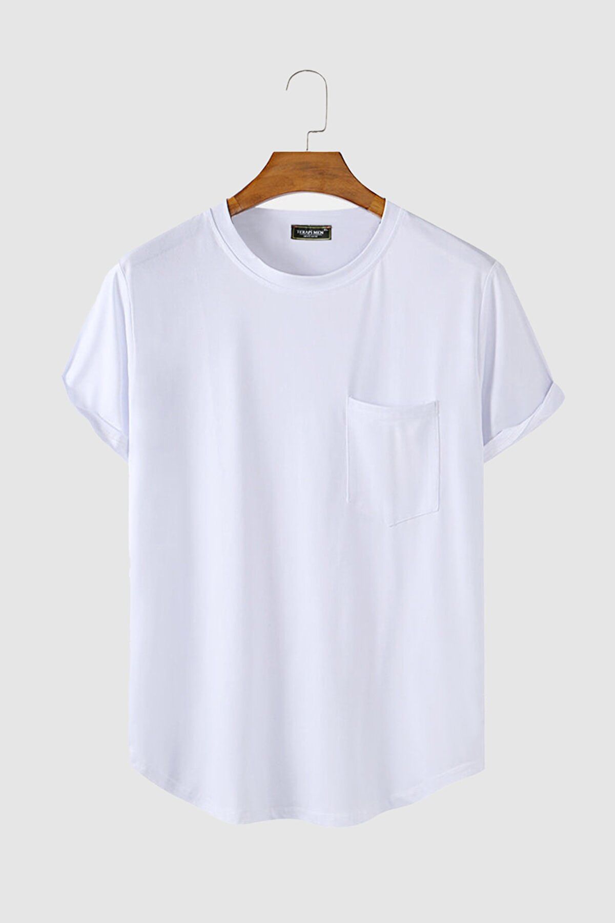 BUCADO Erkek Beyaz Kolları Katlı Oval Kesim Cepli Bisiklet Yaka T-Shirt