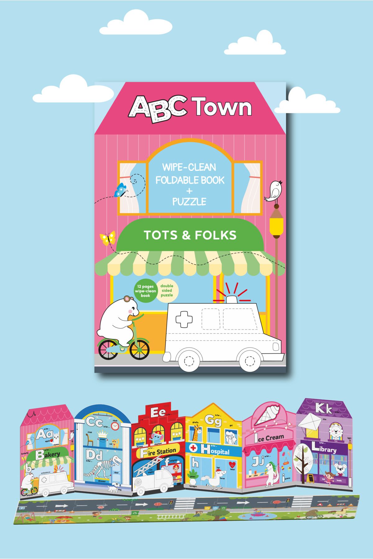 TOTS & FOLKS Abc Town Multi Activity , Wipe Clean Book , Yaz Sil Yol Alfabe Puzzle Kitap , Fingerprint Activities