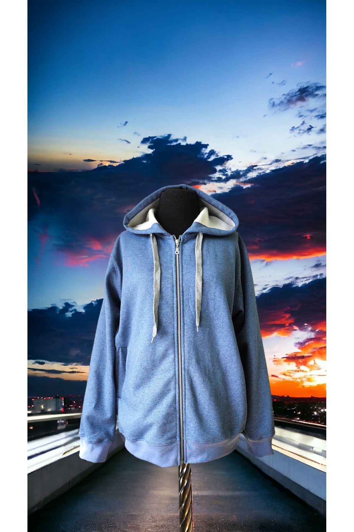 AHMERA Unisex Normal Kalıp Fermuarlı Şeritli Kapüşonlu Kışlık Mavi Ceket