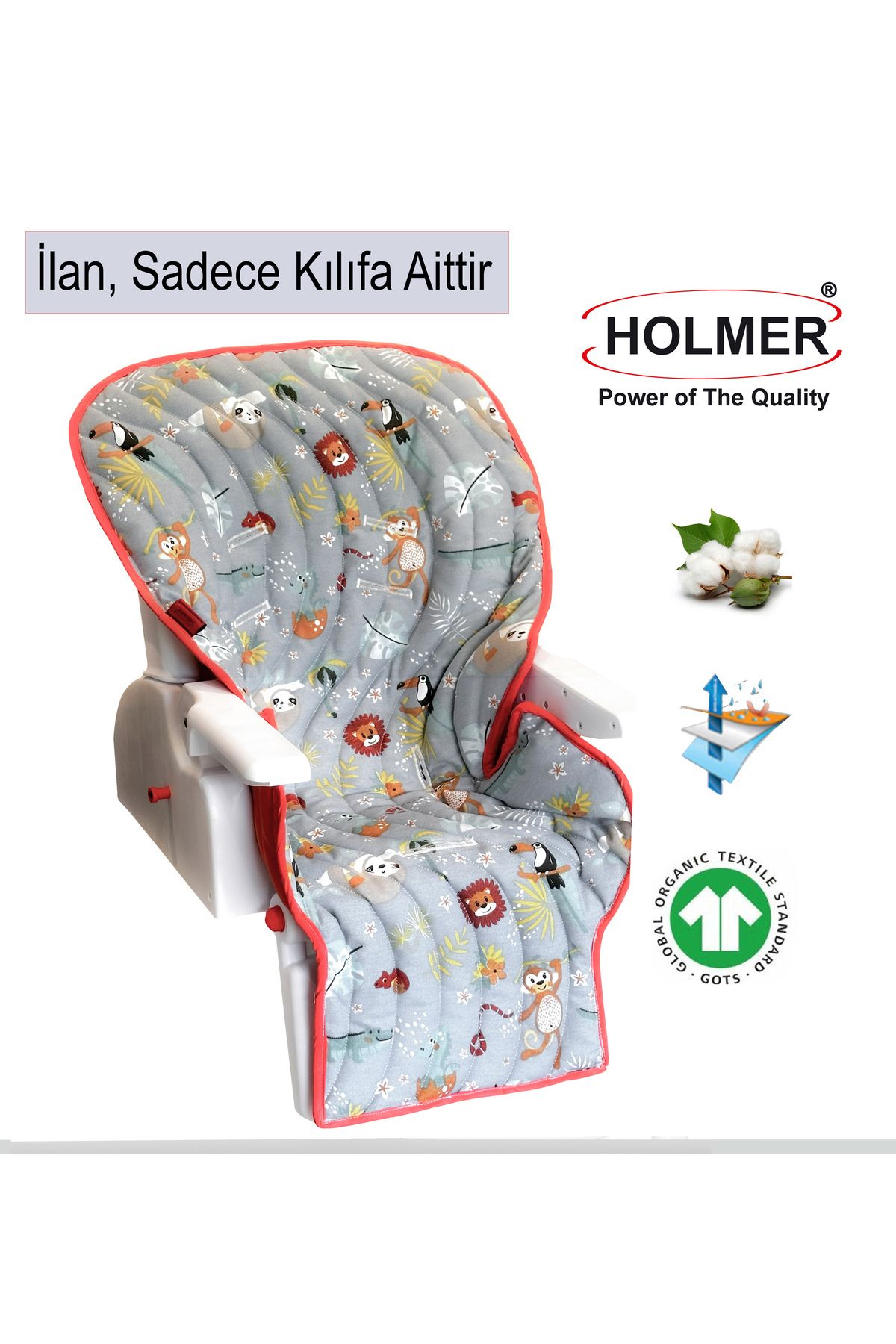 Holmer Organik Mama Sandalyesi Minderi & Kılıfı Leke Tutmaz Düz Desenli Gri