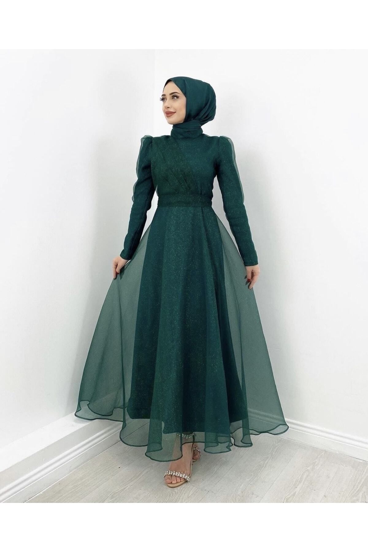 MERVEPLUME Tesettür Simli Organze Tül Abiye Tasarım Elbise Moda Düğün Şıklığı – Yeşil