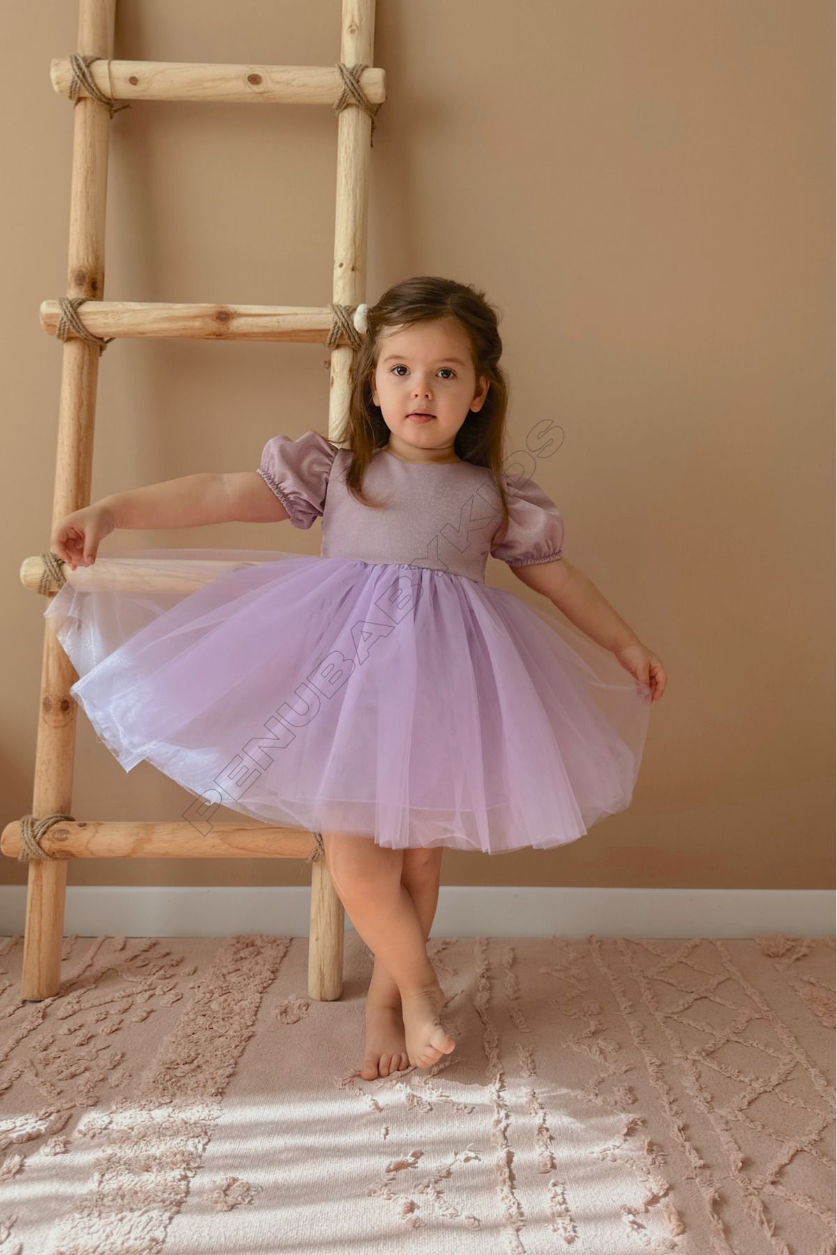 penu baby kids Mor Kısa Balon Kumaş Kol Altı Tütülü Kız Bebek Elbise - Cinderella