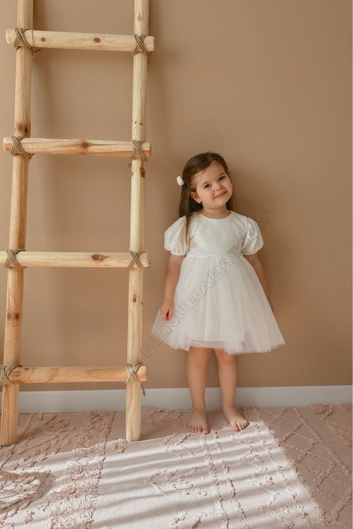 penu baby kids Beyaz Kısa Balon Kumaş Kol Altı Tütülü Kız Bebek Elbise - Cinderella