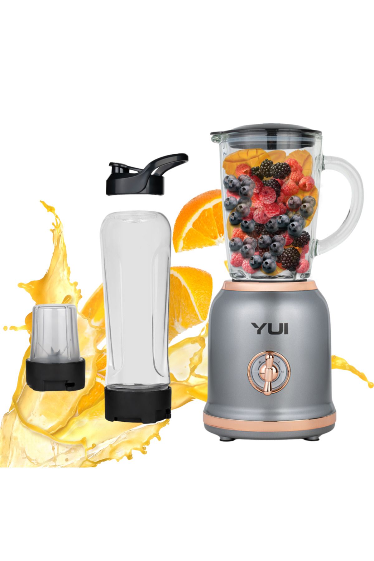 Yui Kişisel Smoothie Blender Retro Titanyum Gri, 450 ml Cam, 600 ml Smoothie, 180 ml Öğütücü Hazne