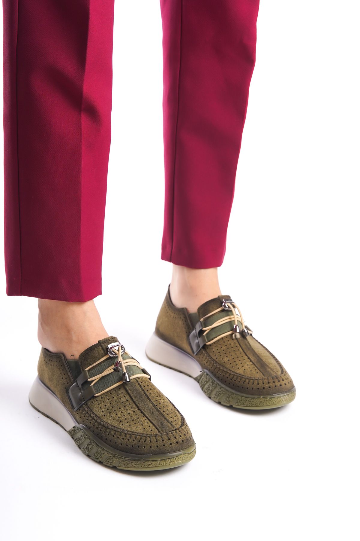 Limeo Haki Yeşil Süet Delikli Bağcık Detaylı Orta Yüksek Taban Günlük Kadın Casual Spor Ayakkabı