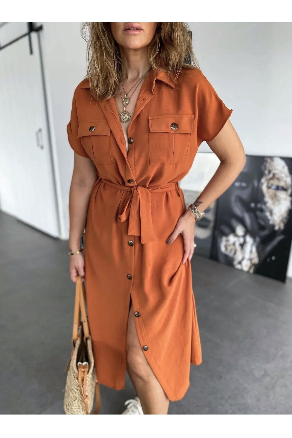 Pasaklı Giyim Kadın Safari Cepli Kemerli Airobin Kiremit Kahverengi Kısa Kollu Düğmeli Günlük Uzun Gömlek Elbise