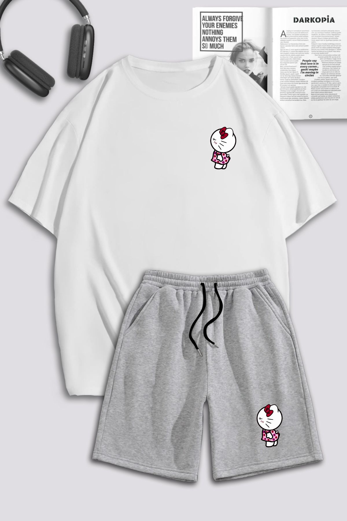macklin Unisex Kadın Erkek Hello Kitty Baskılı Özel Tasarım Oversize Tshirt Ve Şort Eşofman Takımı