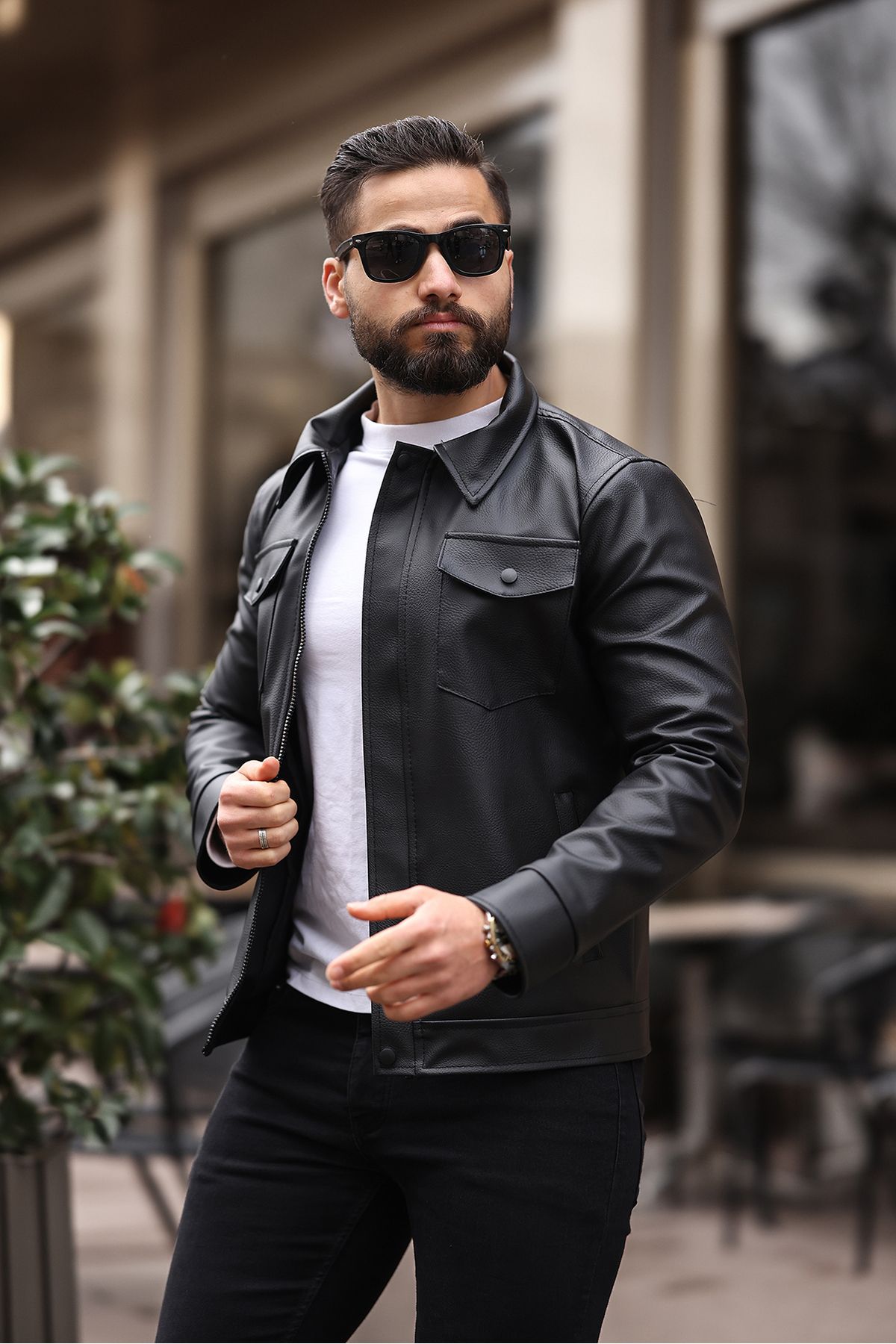 S&M CLOTHİNG Erkek Siyah Karbon Deri Ceket