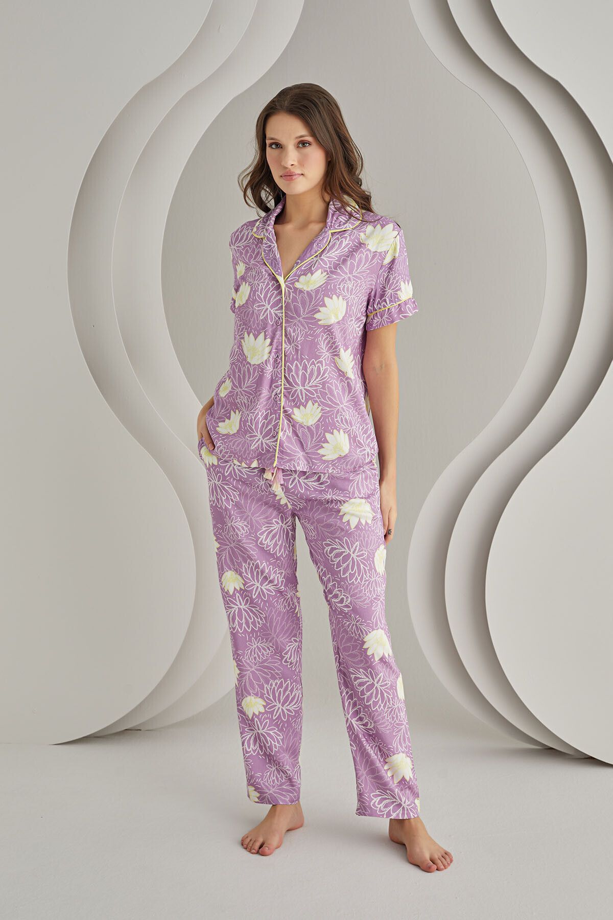 Nbb Çiçek Desenli Önden Düğmeli Gömlekli Pijama Takımı %100 Viskon