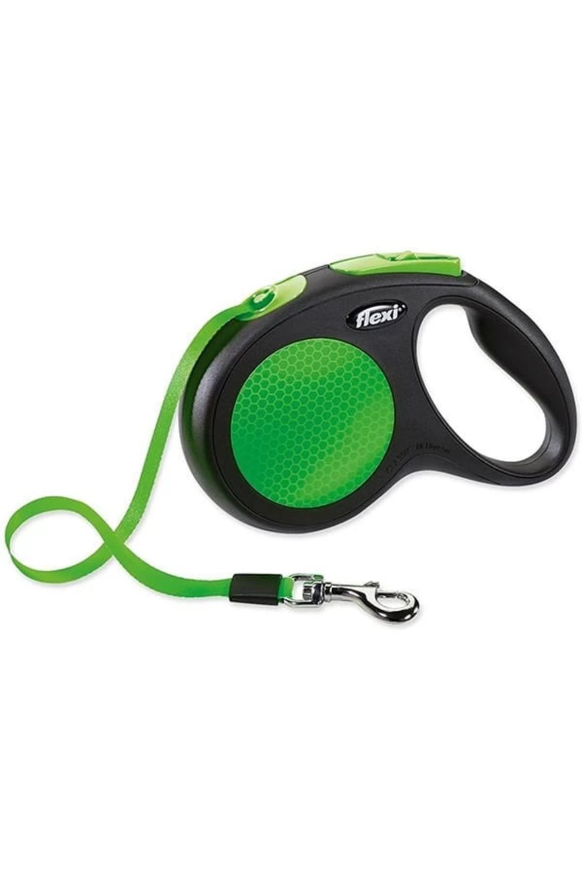 Flexi Neon Reflektörlü Şerit Otomatik Köpek Gezdirme Tasması Medium Yeşil 5 Mt
