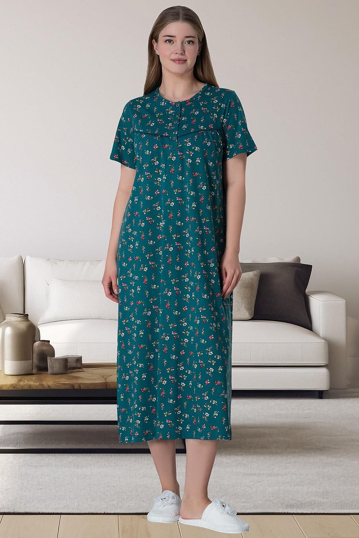Mecit Pijama Büyük Beden Kısa Kollu Kadın Anne Gecelik Gecelik Çiçek desenli  %100 Pamuk