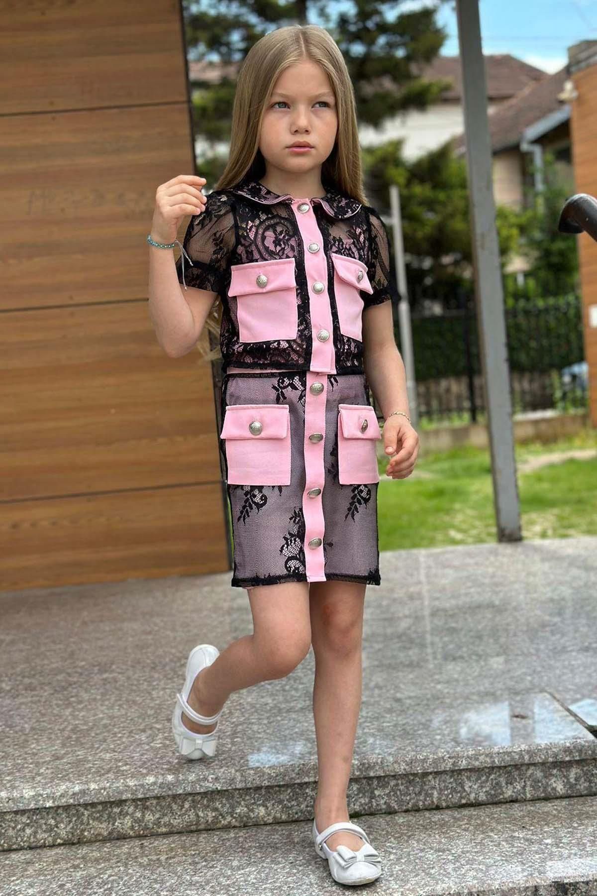 Riccotarz Kız Çocuk Transparan Dantel İşlemeli İçi Astarlı Cep Detaylı Pempe Etekli Takım