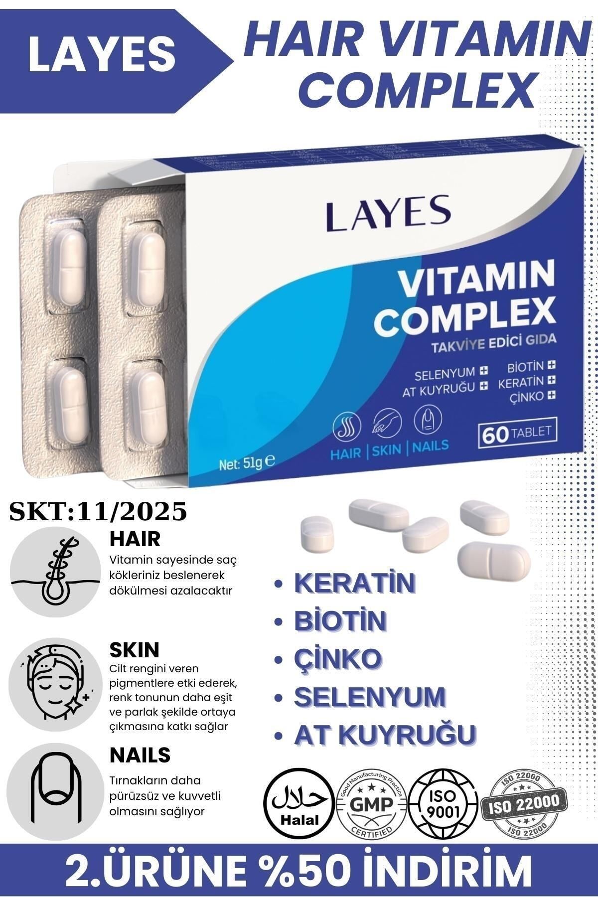 Layes Saç Vitamini 60 Tablet Biotin Keratin Çinko D3 At Kuyruğu Selenyum Folik Asit Içeren Hair Vitamin