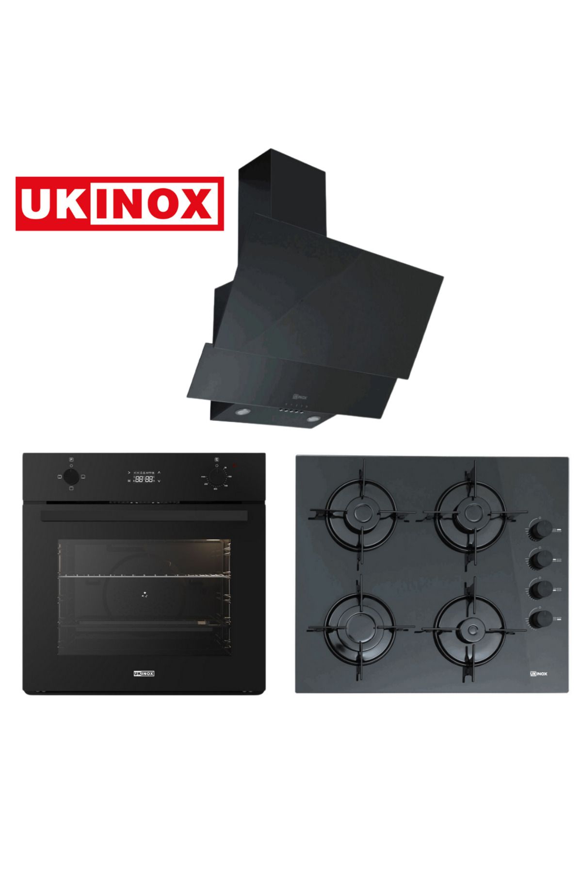 ukinox Ankastre Set - Siyah Cam Aspratör +  Siyah Cam Ocak + Smart 3000 Siyah Ankastre Fırın
