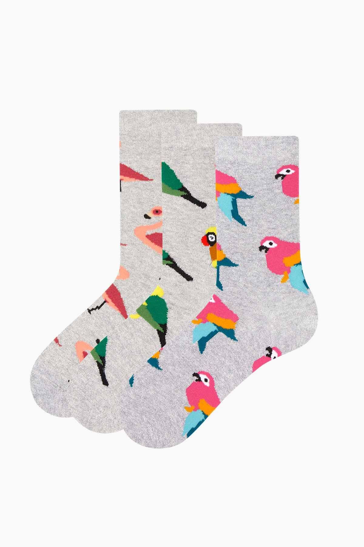 Bross 3lü Paket Simli Tropik Kuş Desenli Kadın Çorap