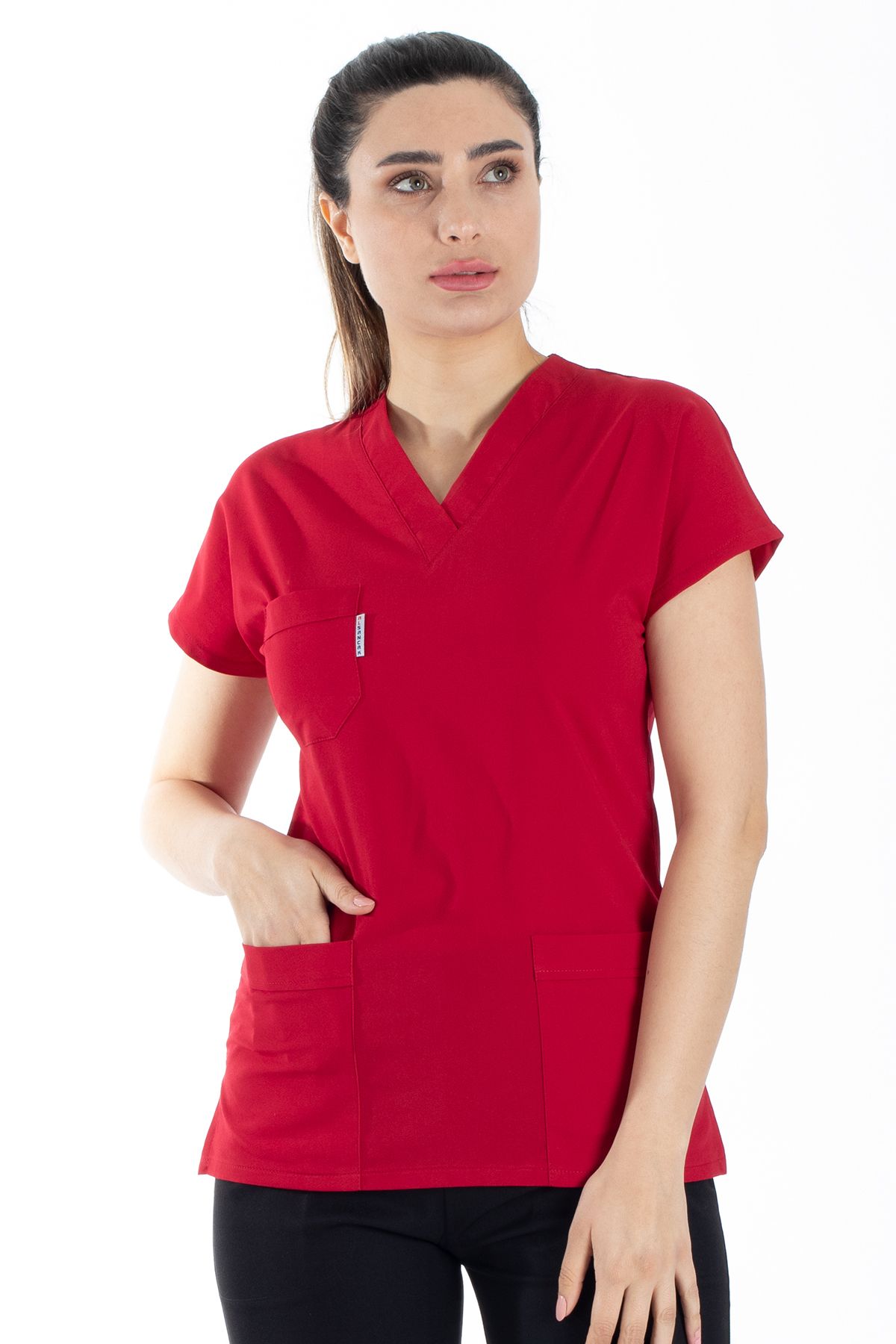 Alsancak Üniforma Kırmızı/Siyah Likralı Kalın Doktor Hemşire Forması Yarasa Kol Takım