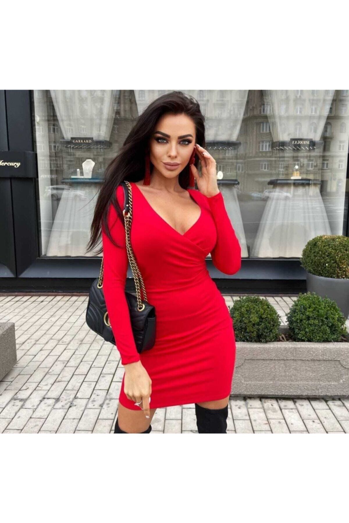 lovebox Krep Kumaş Kruvaze Yaka Uzun Kollu Kırmızı Mini Elbise 108