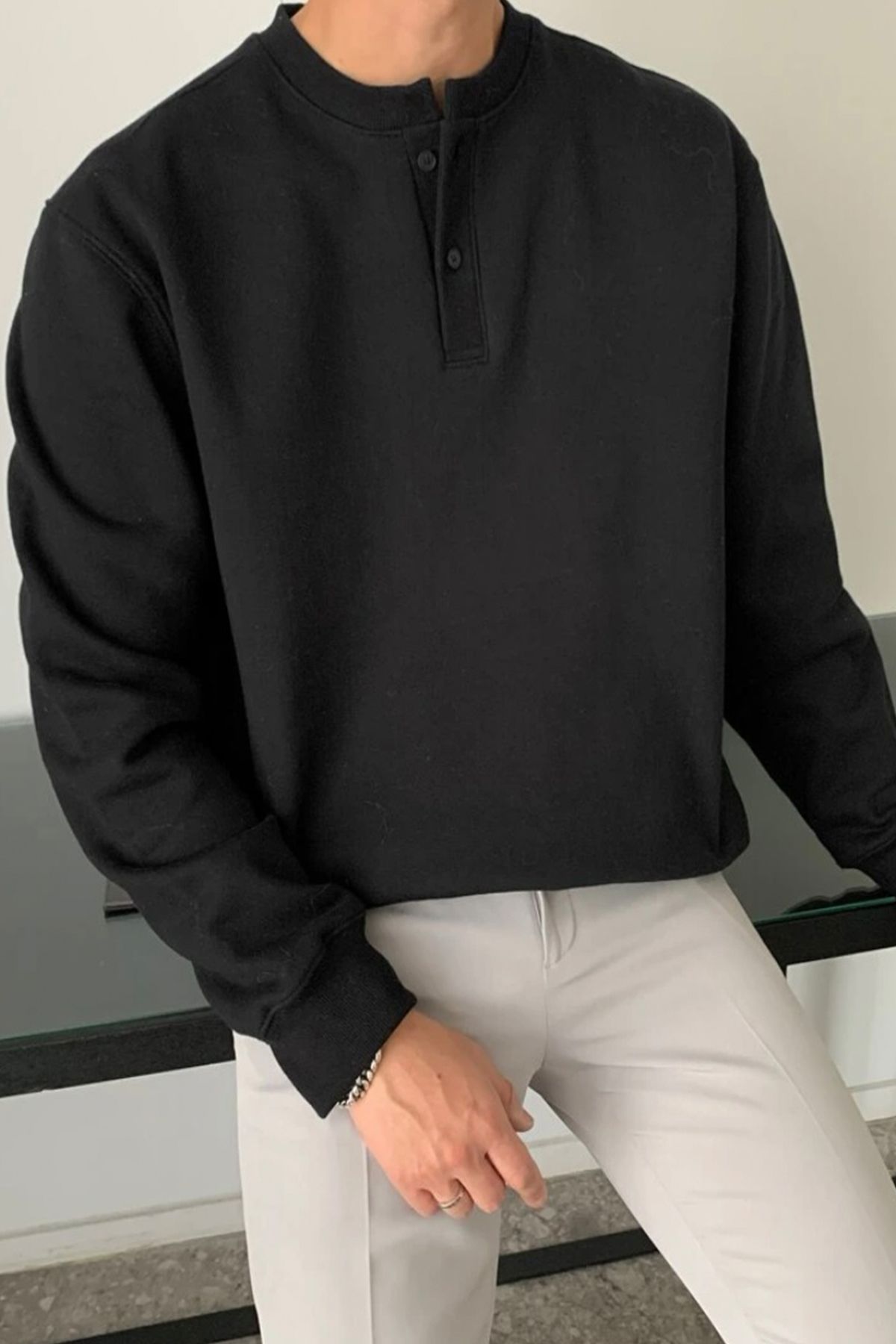 SALIENDO Erkek Düğme Detaylı Siyah Mevsimlik Sweatshirt
