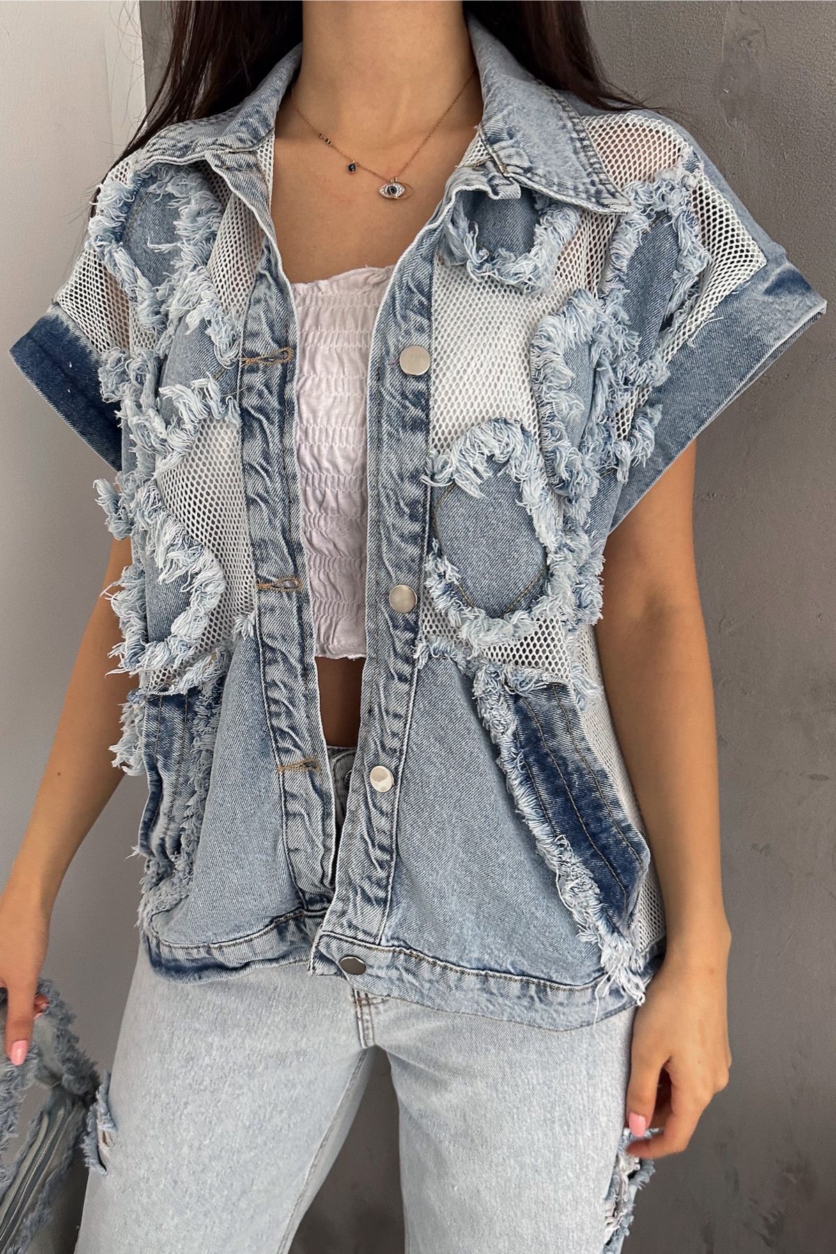 FEMELLE Kadın Mavi File Detaylı Cepli Tasarım Jean Kot Ceket
