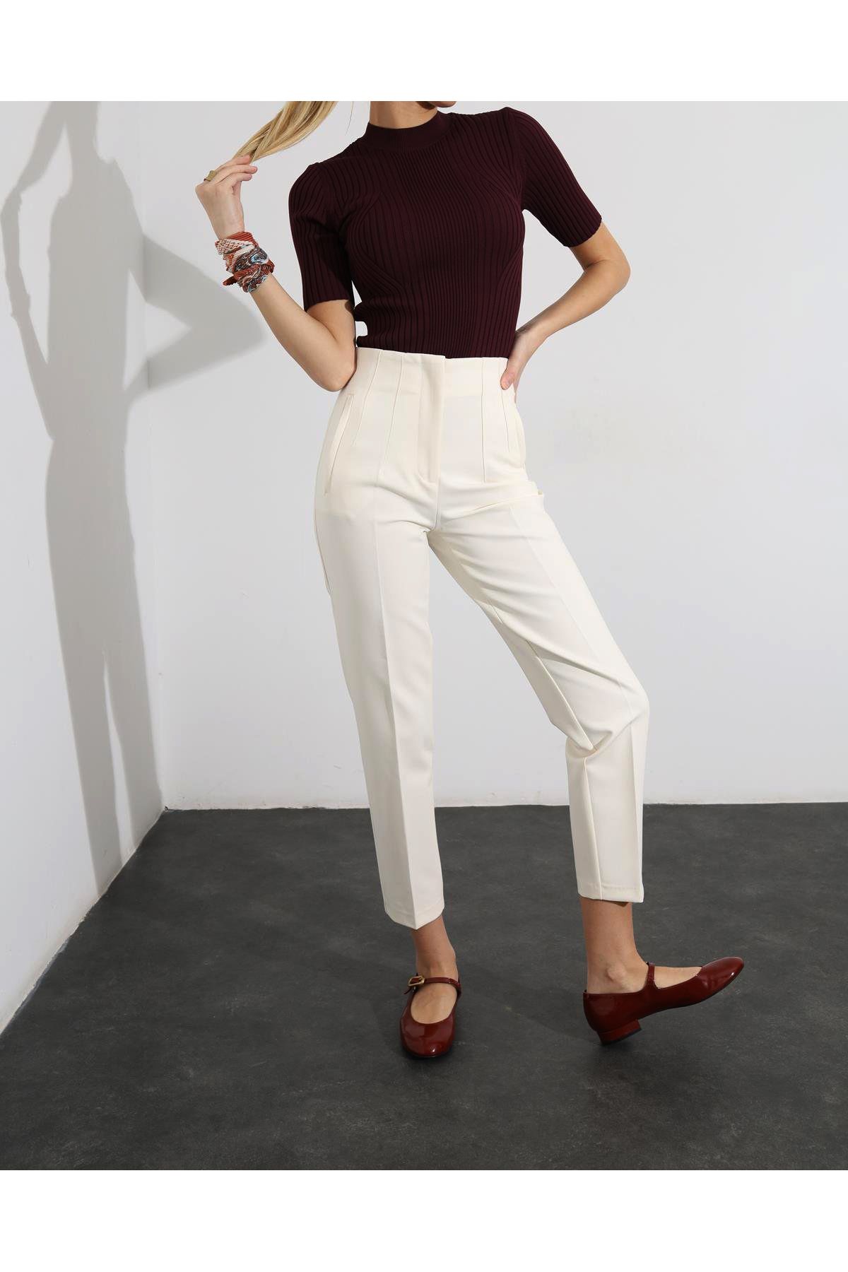 Karol Kadın Ekru Önü Flatolu Yüksek Bel Zr Model Kumaş Pantolon