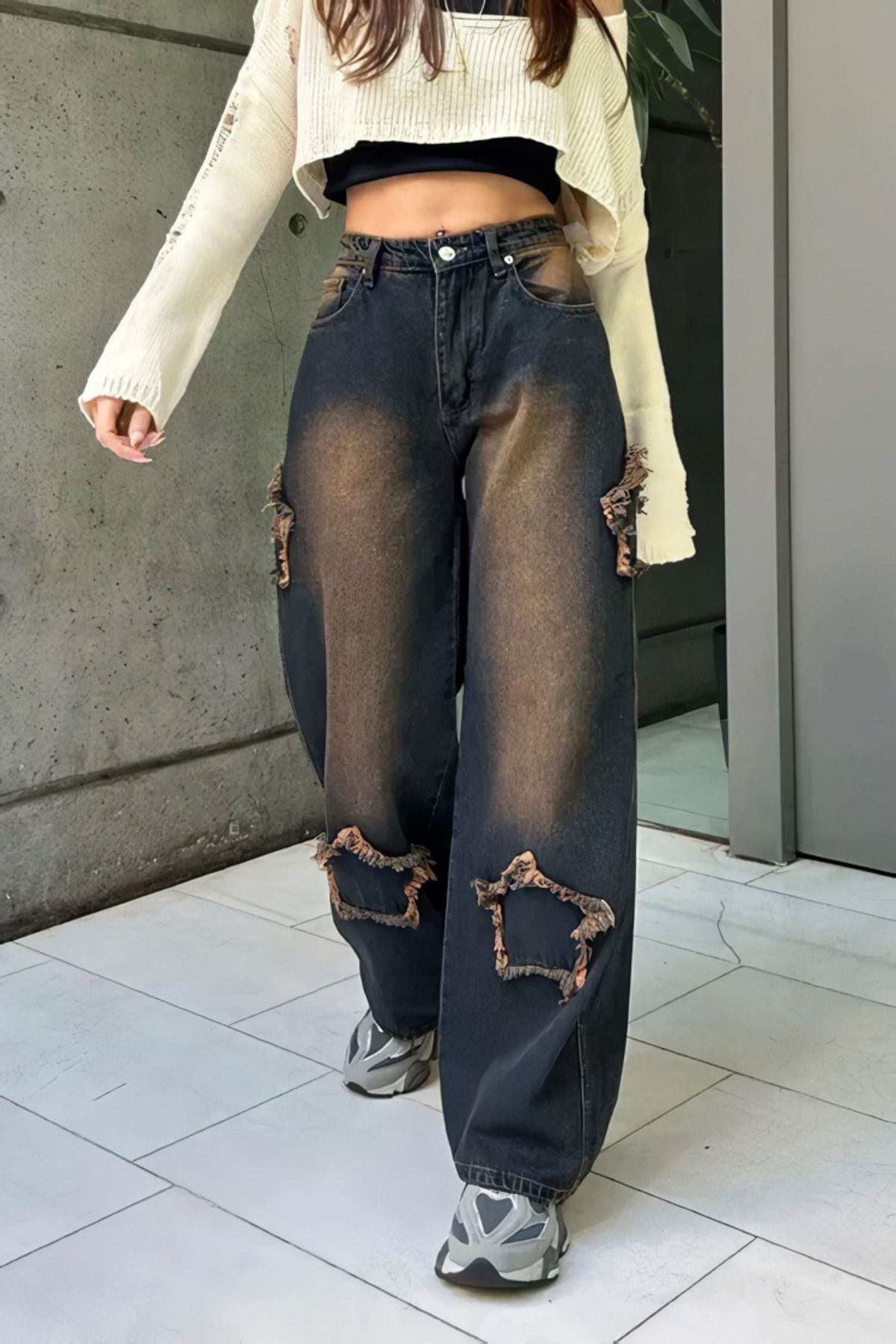 Ef Butik Kahverengi Y2K Stars Patch Detay Jeans