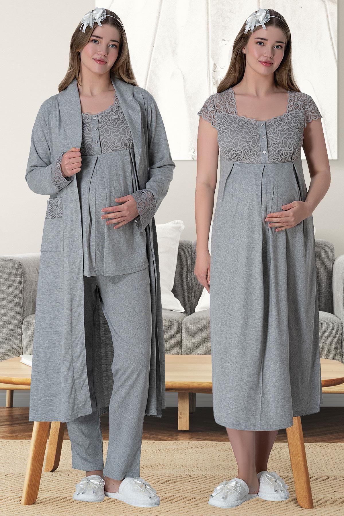 Genel Markalar Kadın Gri Özel Tasarım  Esnek Pamuklu Hamile Sabahlık Pijama Takımı Gecelik  4'lü Set