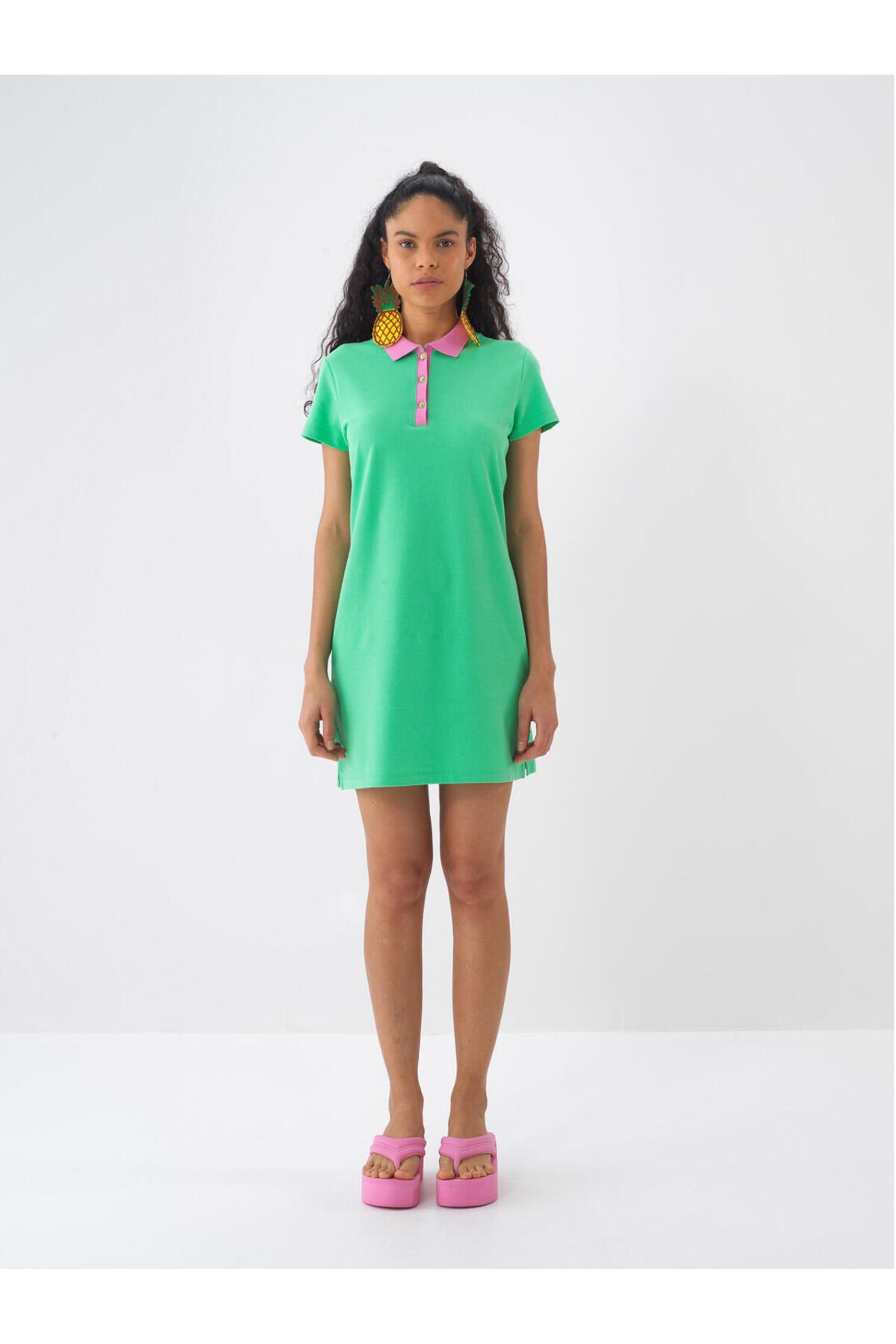Xint Kadın Yeşil Polo Yaka %100 Pamuk Regular Fit Mini Elbise