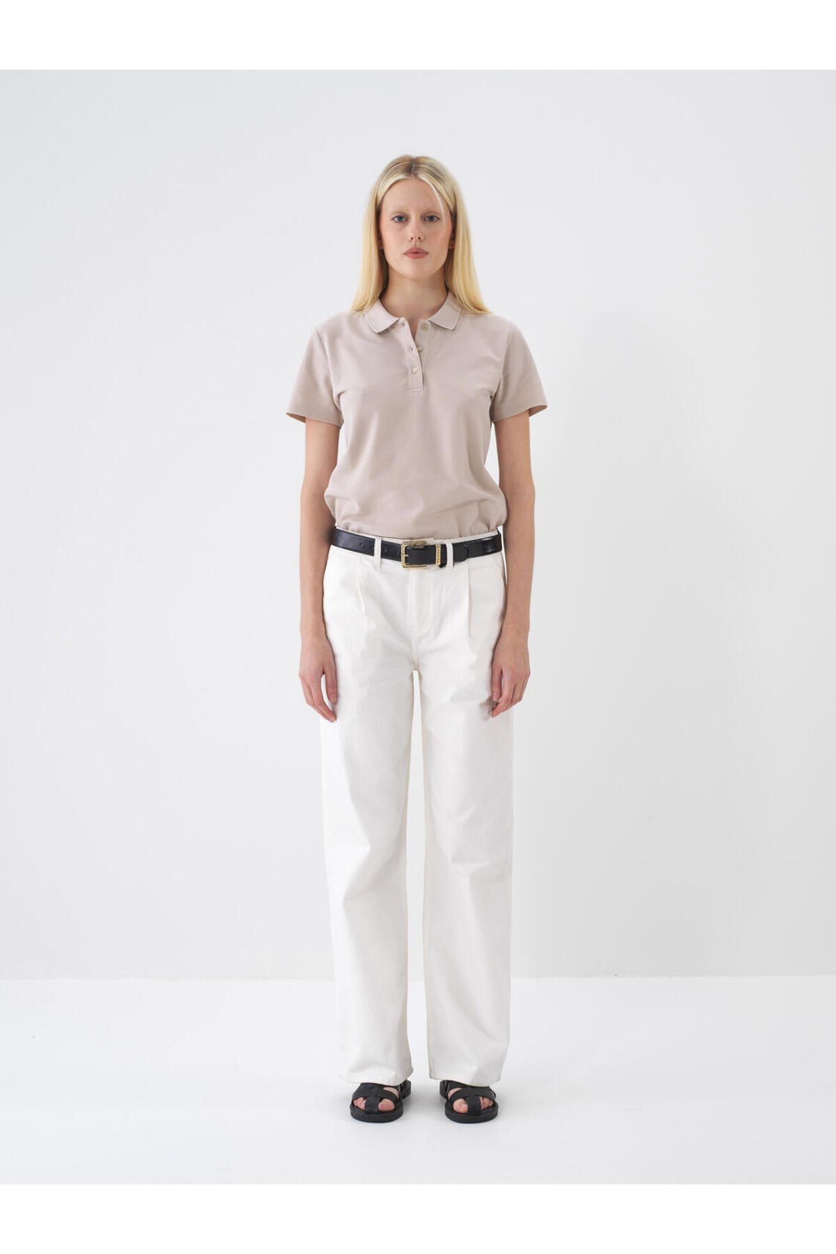 Xint Kadın Taş Polo Yaka %100 Pamuk Regular Fit Basic Tişört