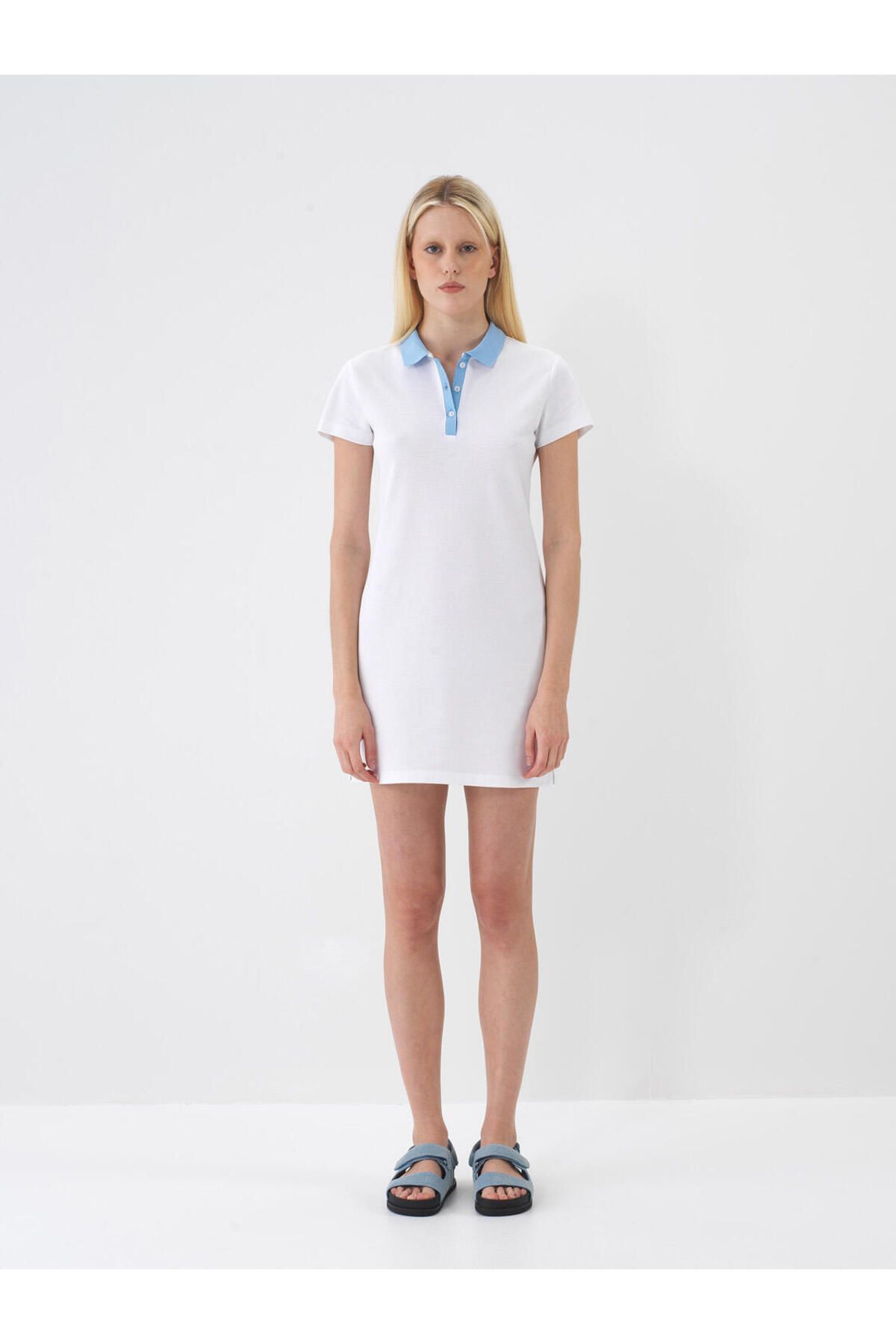 Xint Kadın Beyaz Polo Yaka %100 Pamuk Regular Fit Mini Elbise