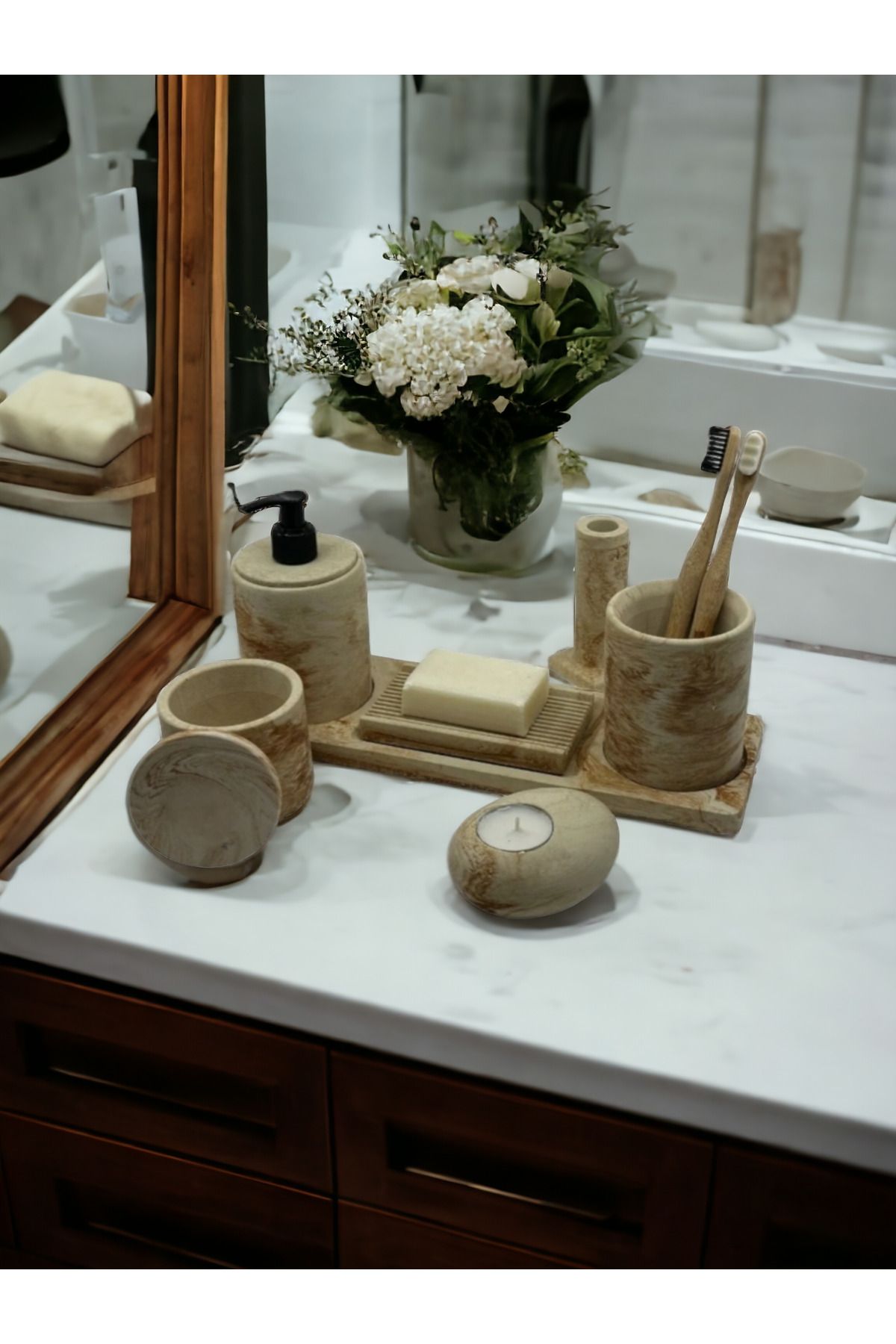 Trust Stone 7'li Mermer Desenli Krem Bej Banyo Seti Tuvalet Wc Sıvı Sabunluk Diş Fırçalığı Beton Aksesuar Takımı