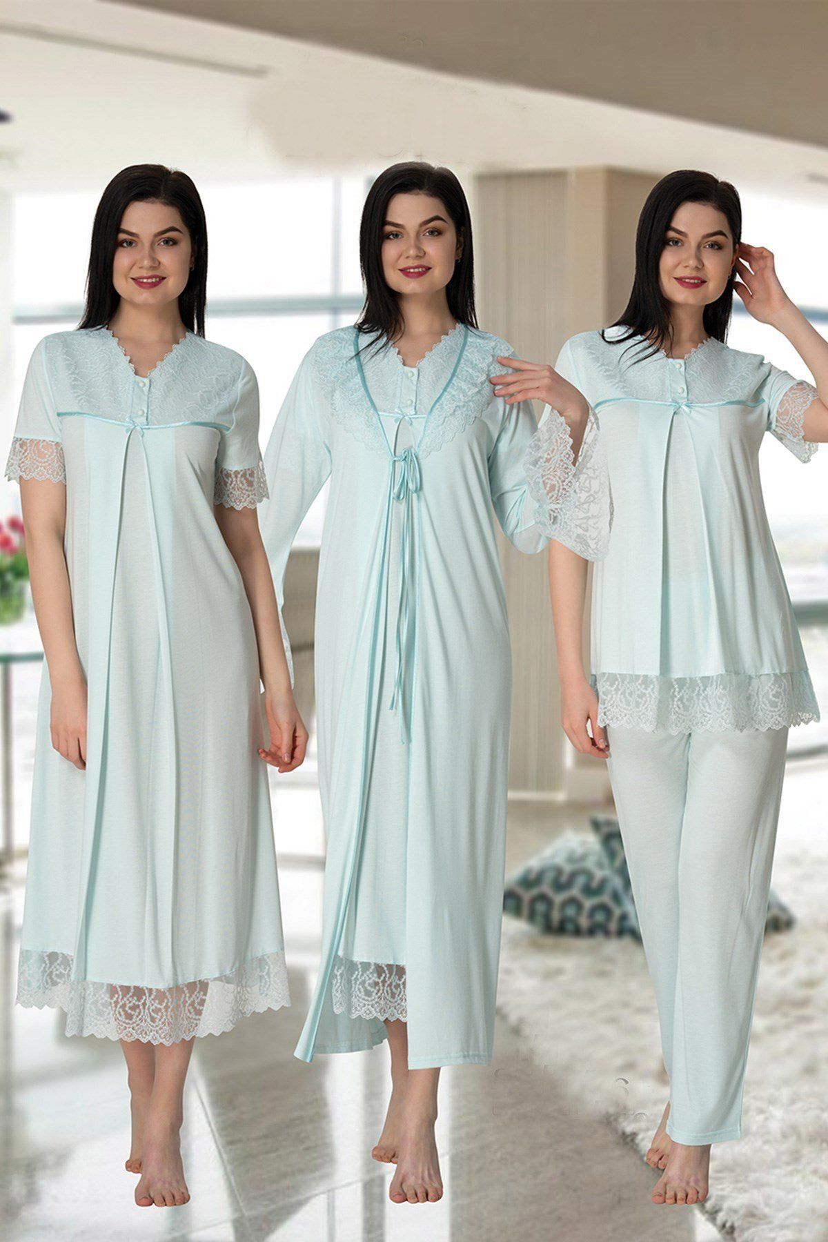 Genel Markalar Kadın Turkuaz Tasarım Pamuklu Hamile Lohusa Sabahlık Pijama Takımı Gecelik 4'lü Set