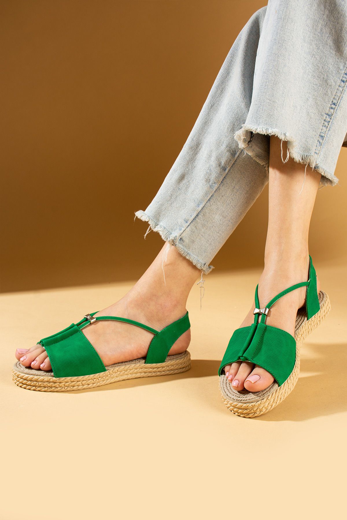 Pembe Potin Kadın Yeşil Rahat Taban Günlük Conford Sandalet