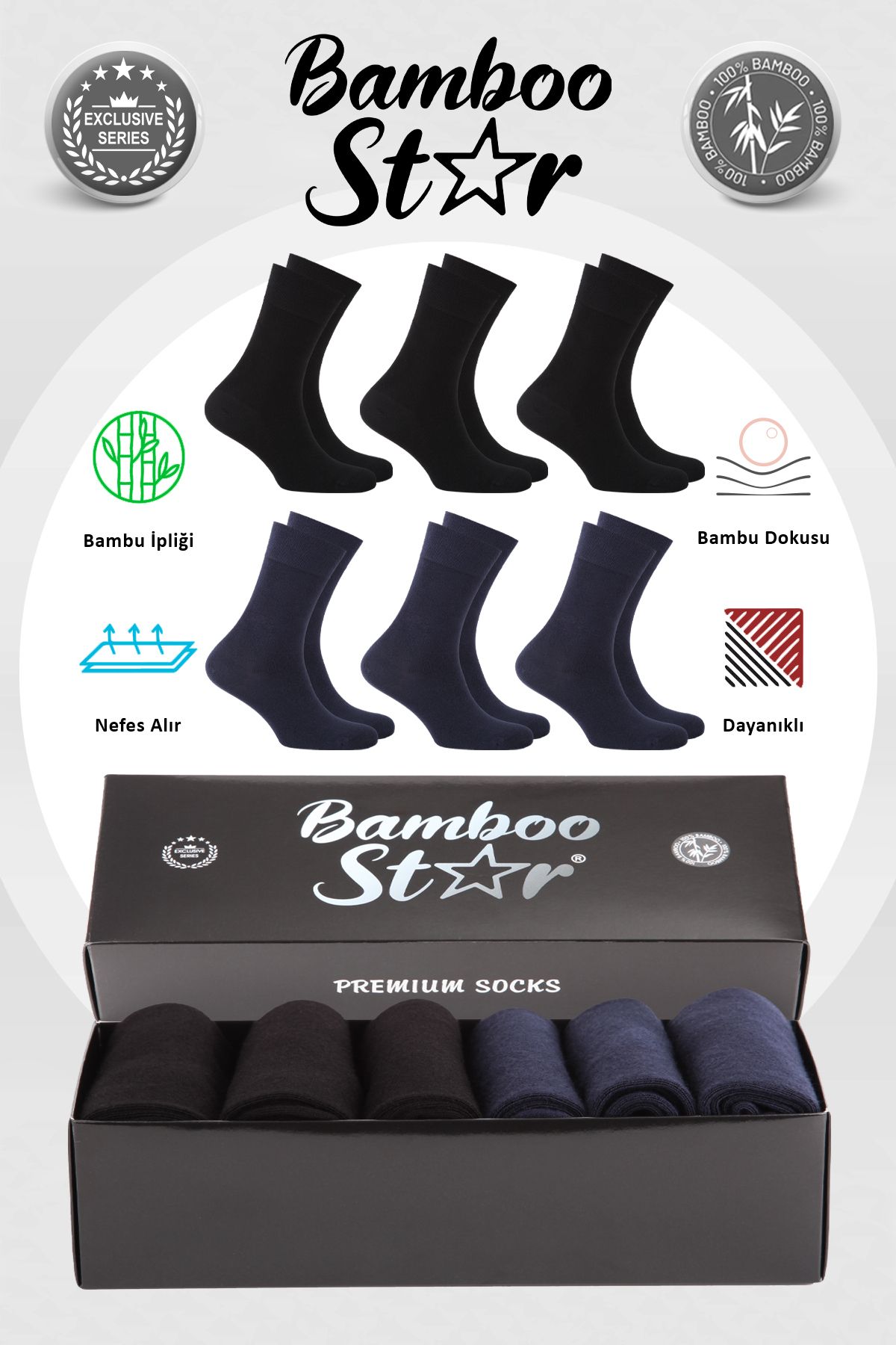 bamboo star Bambu Erkek Soket Uzun Düz Asorti Çorap Dikişsiz 6'lı Premium Kutulu (3 SİYAH - 3 LACİVERT)