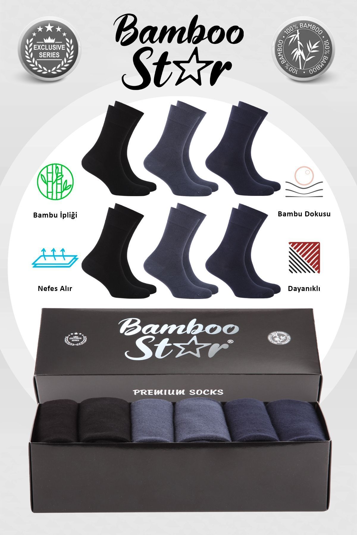bamboo star Bambu Erkek Soket Uzun Düz Dikişsiz Asorti Çorap 6'lı Premium Kutulu (2 SİYAH - 2 FÜME - 2 LACİVERT)