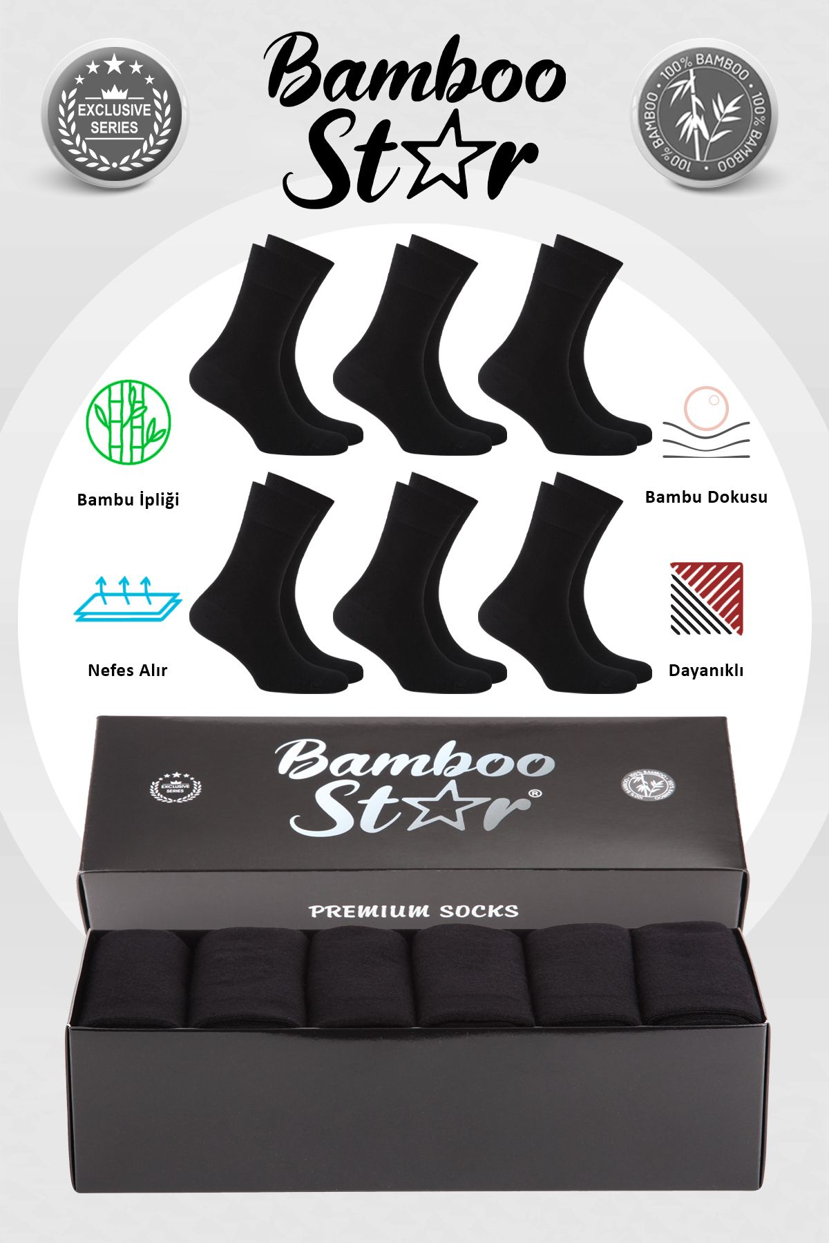 bamboo star Bambu Erkek Soket Uzun Düz Siyah Çorap Dikişsiz 6'lı Premium Kutulu