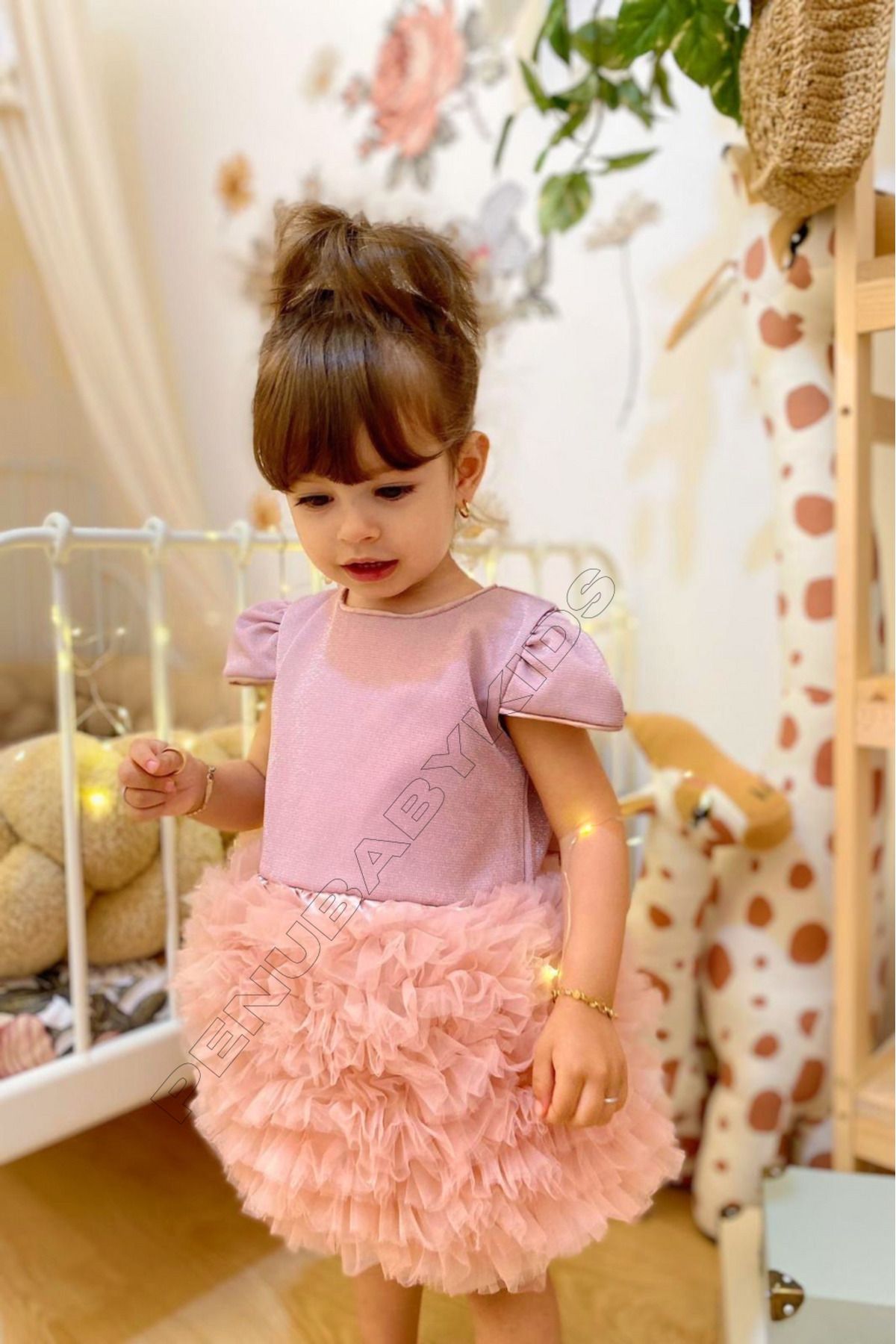 penu baby kids Gül Kurusu Altı Tütülü Kısa Kol Kız Bebek Elbise