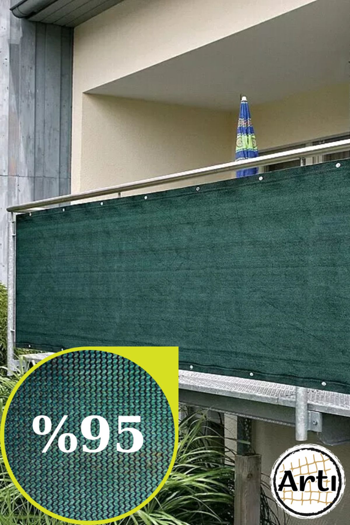 Artı 95'lik Yeşil Gölgelik File 1x10 Metre Çit Rüzgar Filesi Şeritli Kuşgözlü Balkon Filesi