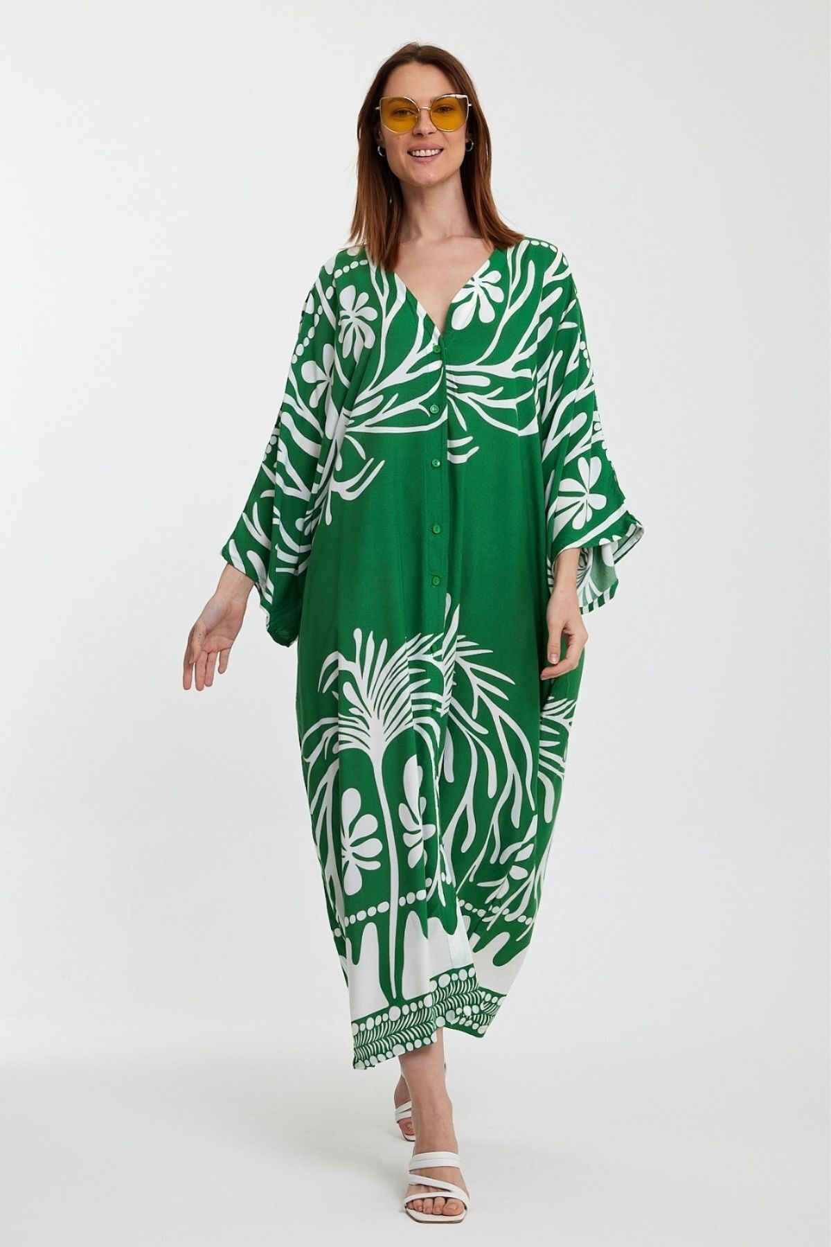 Eceyaman moda kadın yeşil palmiye desenli battal büyük beden elbise