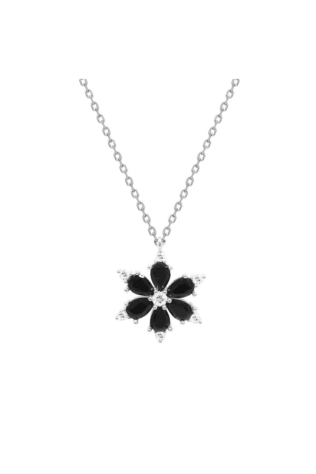 Tesbihane Siyah Zirkon Taşlı Kır Çiçeği Tasarım 925 Ayar Gümüş Kadın Kolye
