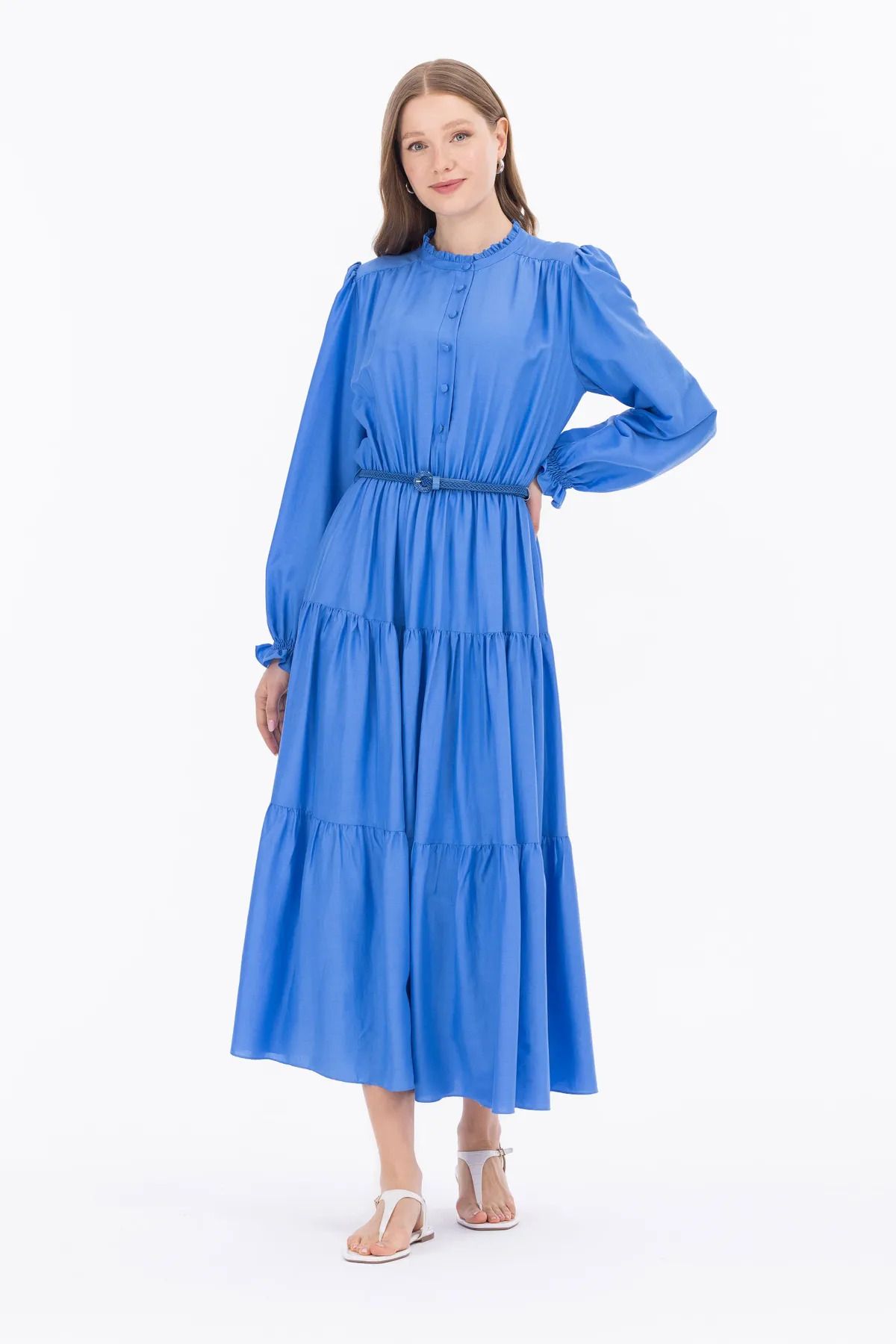SEÇİL Yakası Fırfırlı Uzun Kol Kemerli Elbise-Mavi