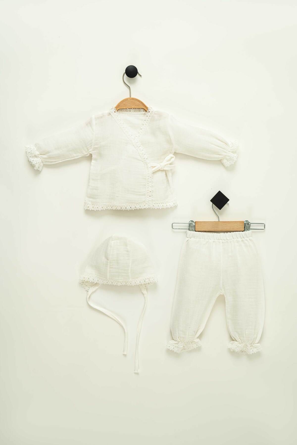 NEU KIDS Müslin Kumaş Hastane Çıkış Setleri Fisto Detaylı 3'lü Set Yenidoğan Bebek Kıyafetleri %100 Pamuk