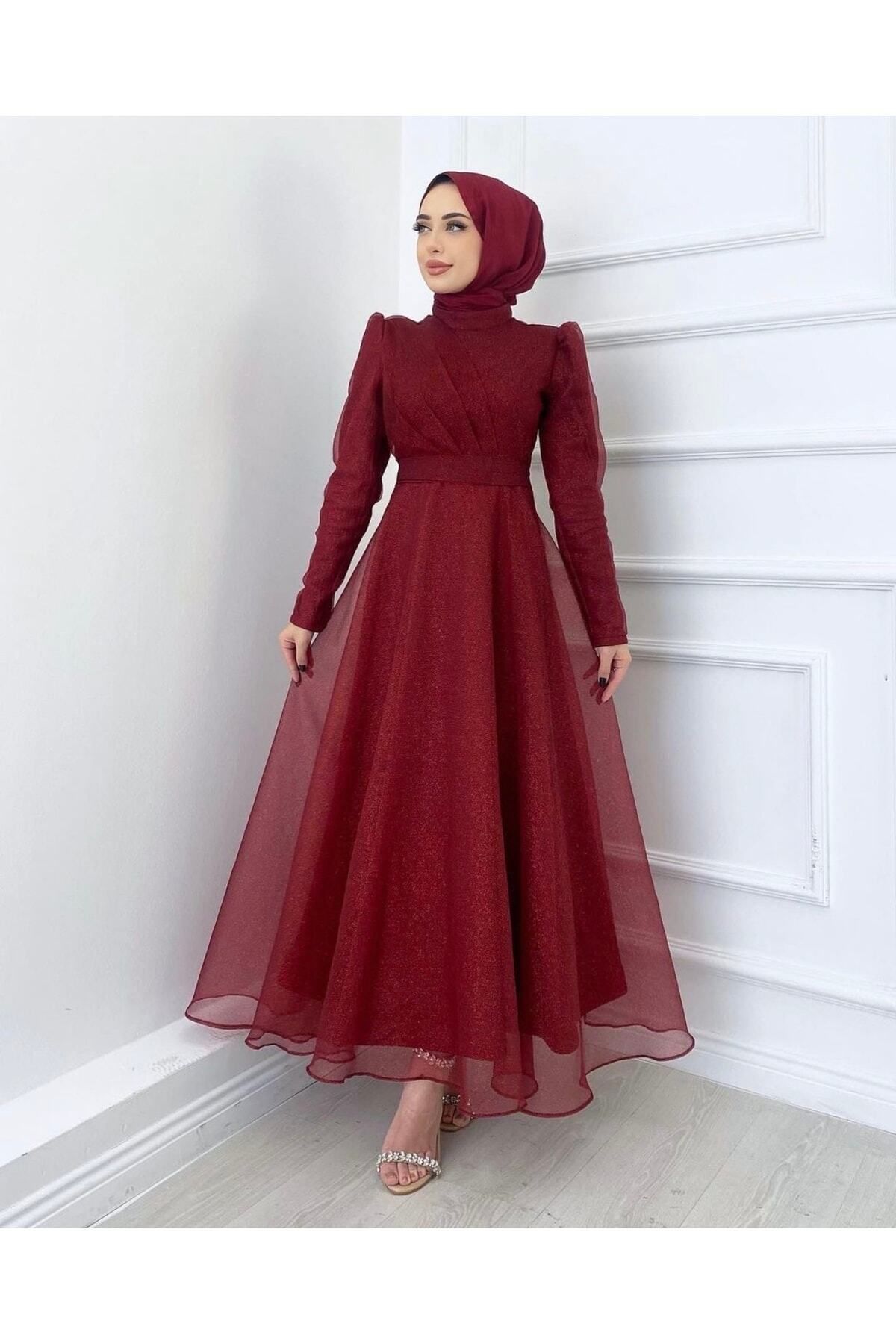 MERVEPLUME Tesettür Simli Organze Tül Abiye Tasarım Elbise Moda Düğün Şıklığı – Bordo
