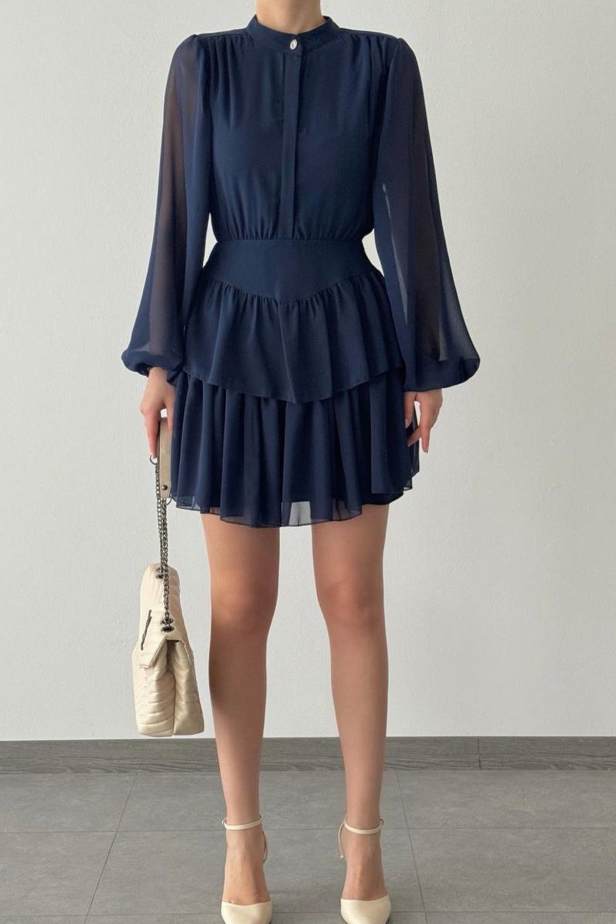 lovebox Kadın Şifon Kumaş Kolları Transparan Eteği Katlı Dik Yaka Lacivert Kloş Mini Abiye Elbise 086