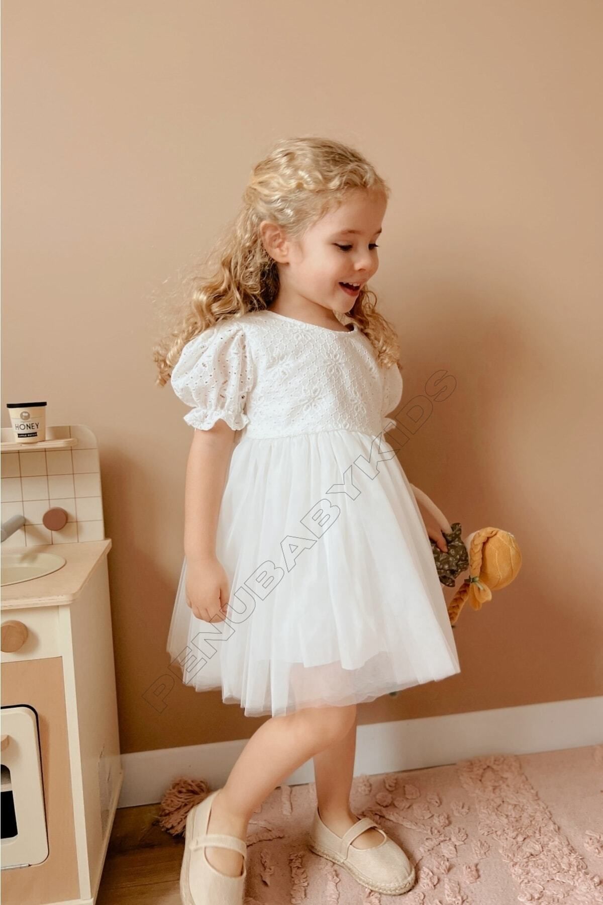 penu baby kids Beyaz Fistolu Tütü Etekli Kısa Kol Kız Bebek Elbise - Tuana