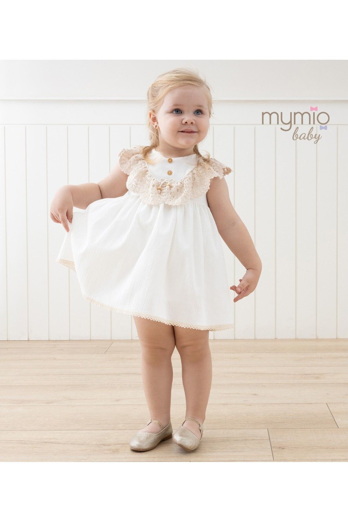 Mymio 6-24 Ay Ekru Kısa Kol Nakış Detaylı Pamuk Kız Bebek Yazlık Elbise