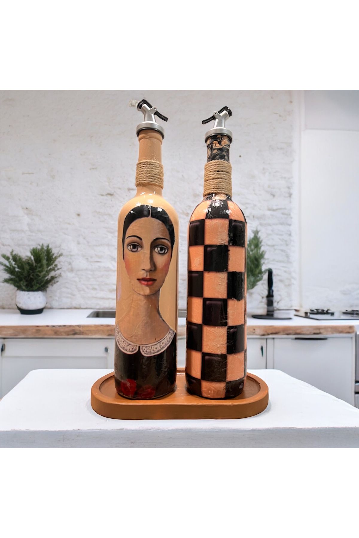 Mes Reves Kadın Tasarımlı 750 ml Zeytinyağı Sıvıyağ Şişesi Yağdanlık Yağlık Sirkelik Sosluk 2'li Set