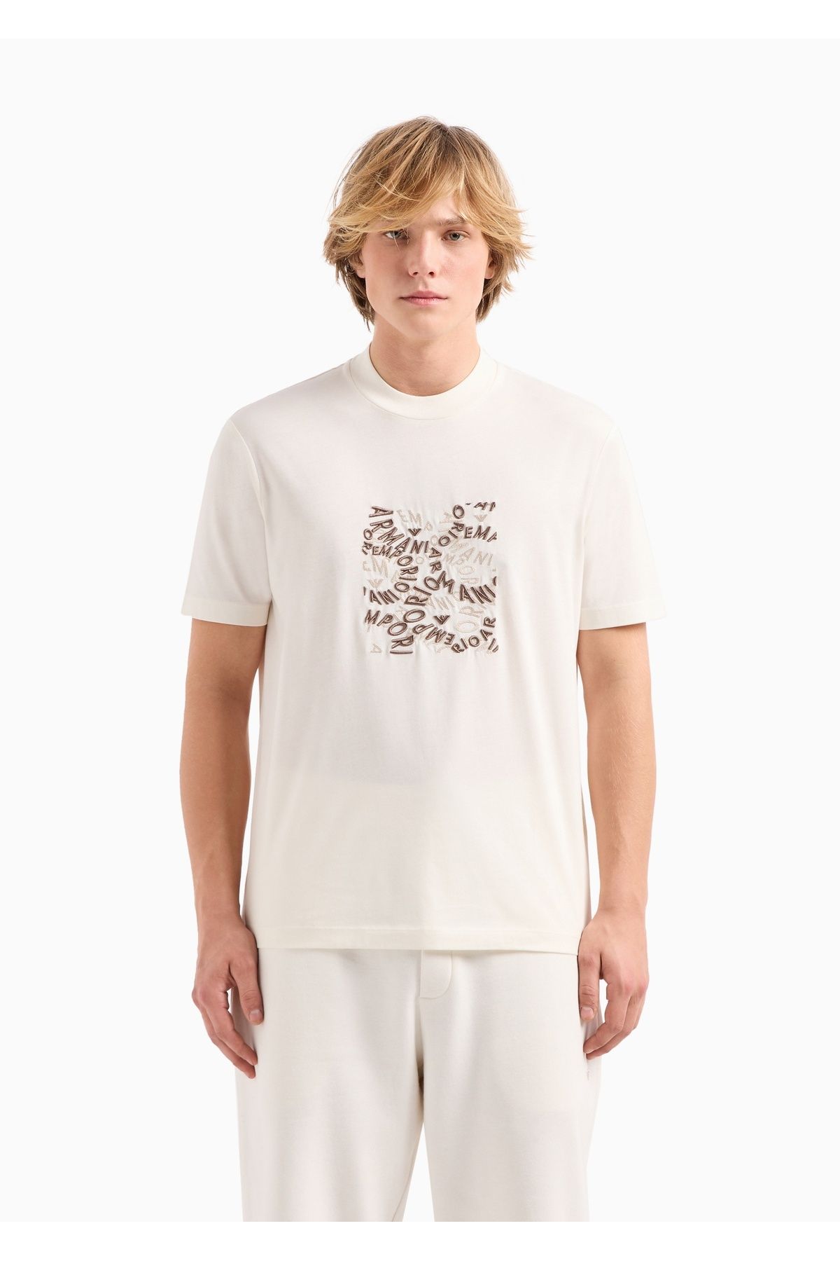 Emporio Armani Erkek Pamuklu Kısa Boy Rahat Kesim Günlük Ekru T-Shirt 3D1TG3 1JPZZ-01A2