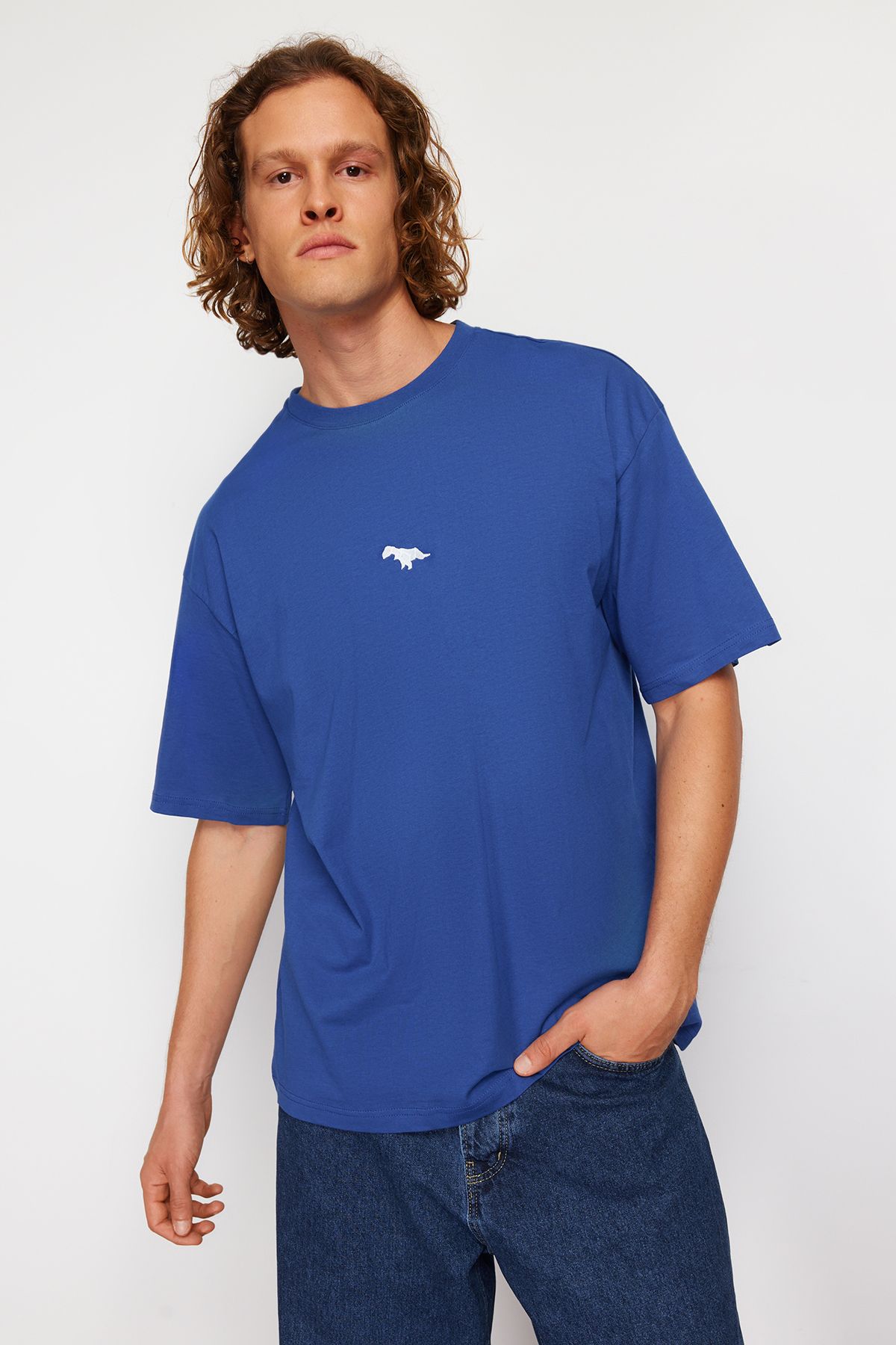 TRENDYOL MAN Indigo  Oversize/Geniş Kesim Kısa Kol Dinozor Nakışlı %100 Pamuklu T-Shirt TMNSS23TS00243