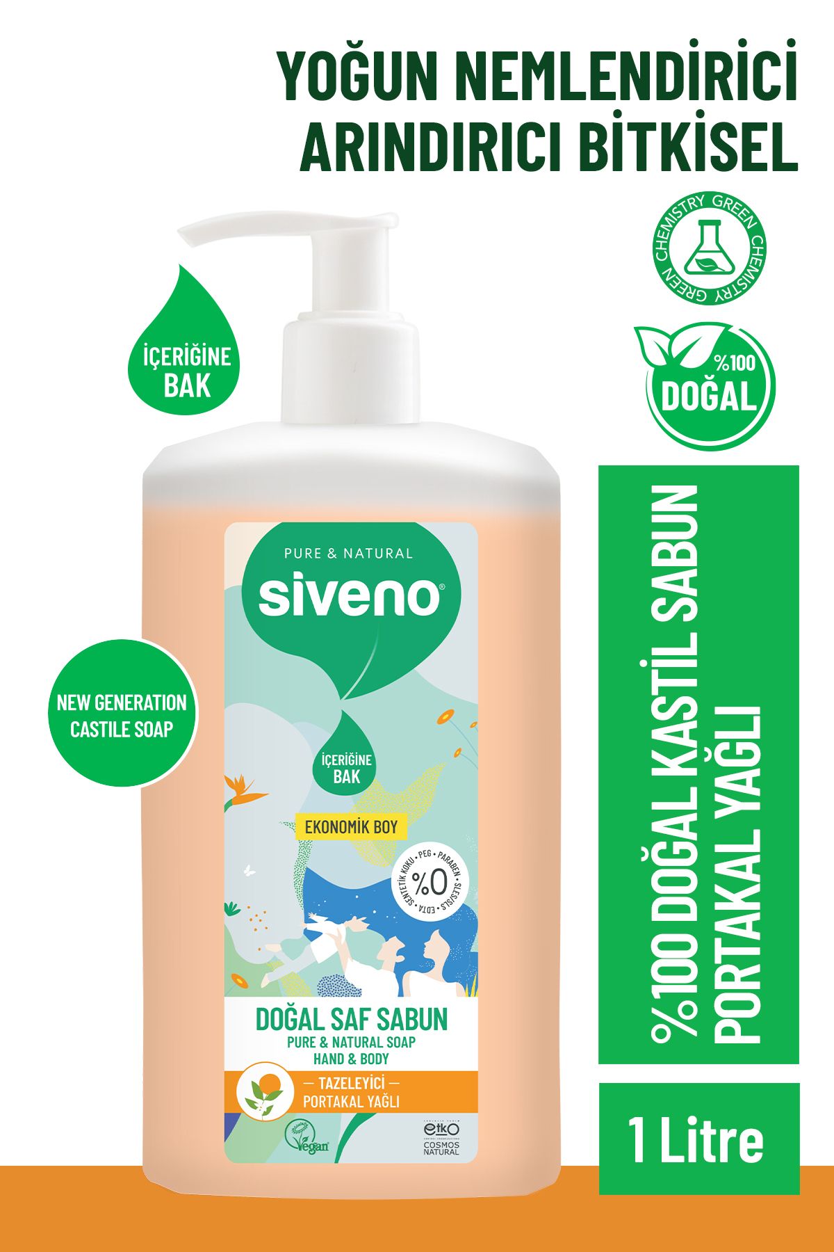 Siveno %100 Doğal Sıvı Kastil Sabun Portakal Yağlı Yoğun Nemlendirici Arındırıcı Bitkisel Vegan 1000 ml