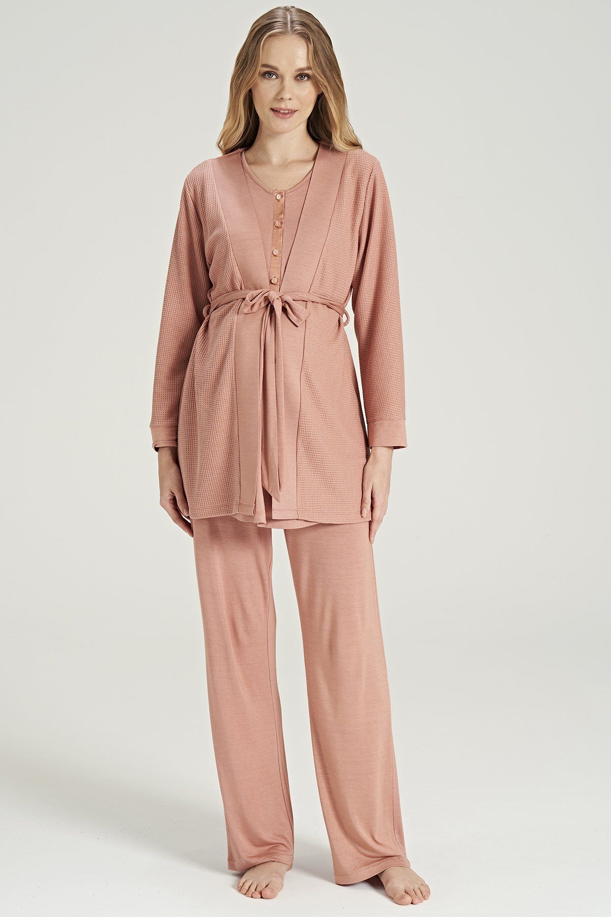ILISANA Kadın Kiremit Renkli Petekli Yakası Düğmeli 3'lü Beden Kuşaklı Lohusa Pijama Takımı